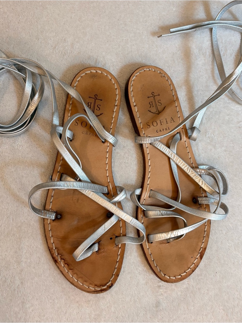 Sofia Capri Silver Leather Lace-Up Gladiator Sandals Sz 39